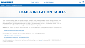 Toyota Tires - Load and Inflation Tables